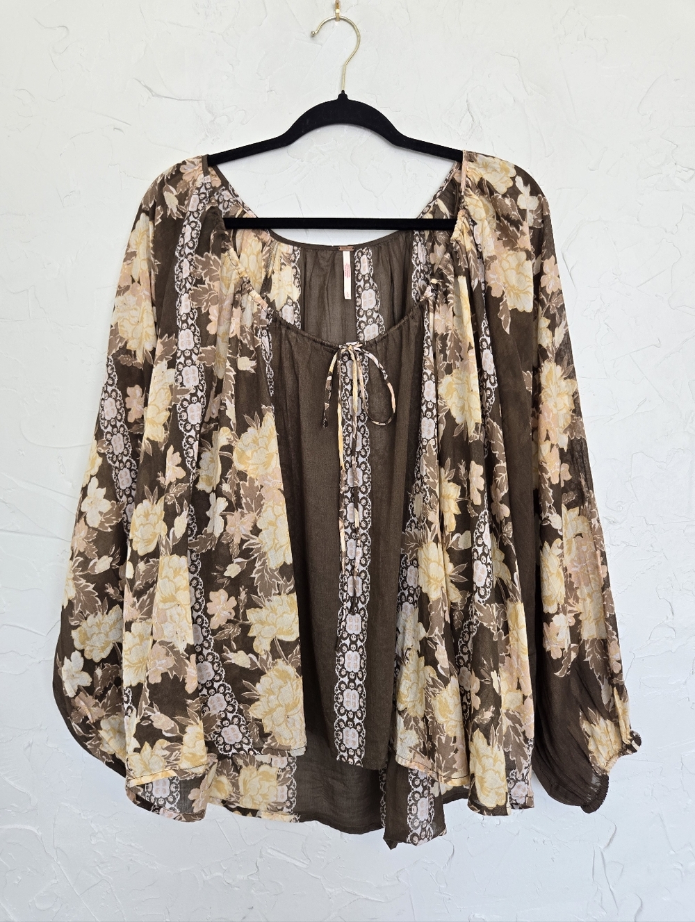 Free People Boho Floral Brown Yellow Elena Top, L - Picture 2 of 12